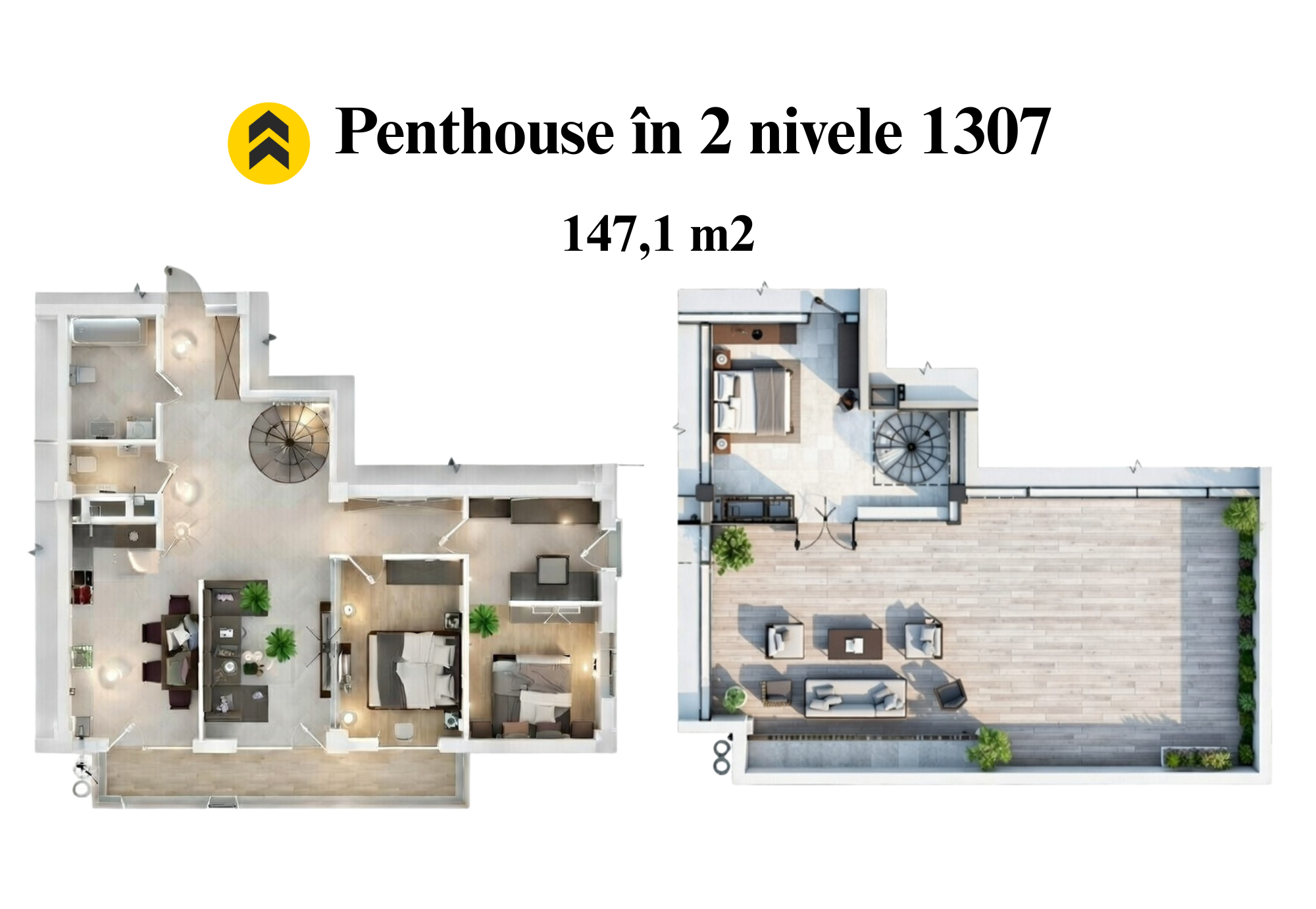 Двухуровневый Пентхаус - 2 комнаты + ливинг + терраса
